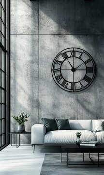 Modern living room with a large clock and couch.