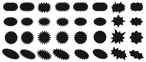 Sunburst sticker shapes. Rounded starburst zigzag badge, spiky oval, circle and star shaped price tag, discount and sale label stickers. Jagged silhouettes vector set.