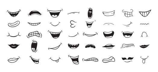 Cartoon mouth happy, smile, sad, angry expression doodle set. Hand drawn mouth, tongue caricature icon. Funny comic mouth collection 