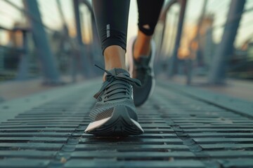 Fototapeta premium Preparing for a marathon workout, a woman training outdoors ties her shoes. Close-up of her sneakers as she gets ready for a cardio challenge