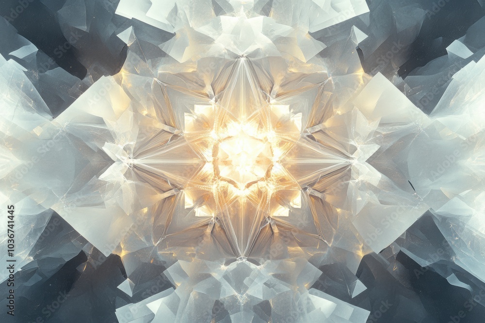Aufkleber the artwork features symmetrical geometric shapes reminiscent of snowflakes, glowing softly in intri