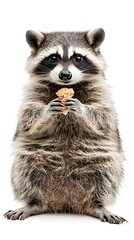 Chubby Raccoon with Food in Paws on White Background