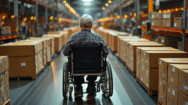 An elderly man, using a wheelchair, carefully moves through a warehouse aisle laden with stacked cardboard boxes.