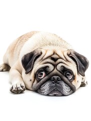 Obraz premium Adorable Overweight Pug Lying Relaxed on White Background