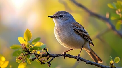 Fototapeta premium A small, brown and grey bird perches on a branch with green leaves and a bright sun shining through the background.