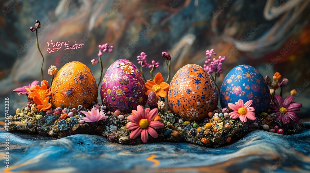 Poster whimsical happy easter greeting with colorful 3d egg prints and intricate patterns set against a fun