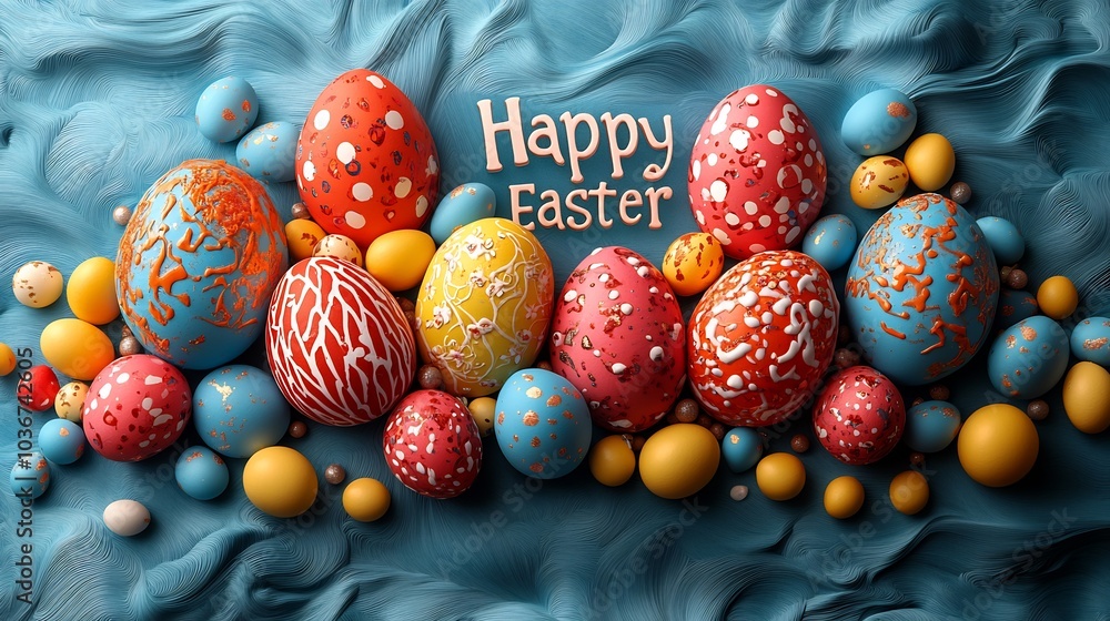Aufkleber whimsical happy easter greeting with colorful 3d egg prints and intricate patterns set against a fun
