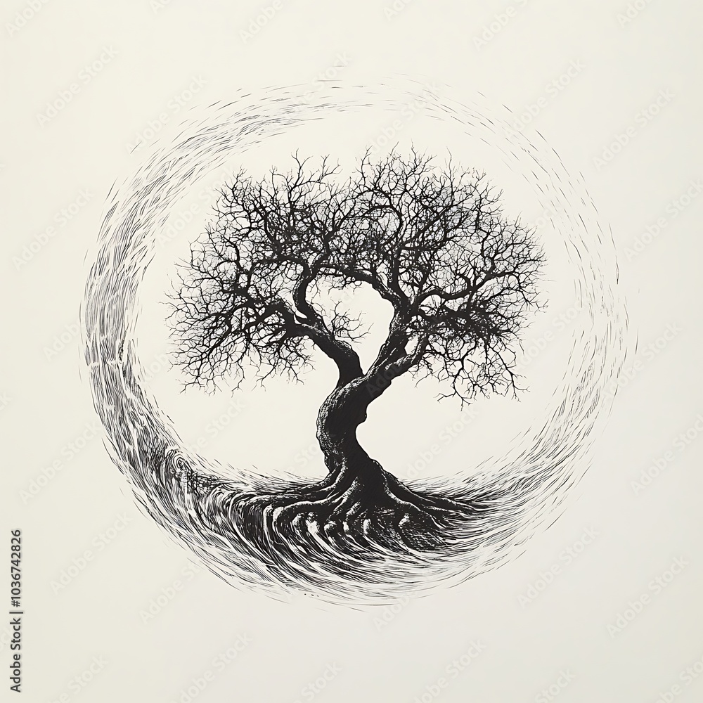 Poster black and white illustration of a tree with roots and branches, surrounded by a swirling circle.