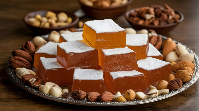 Malban: Chewy, jelly-like confection made from grape molasses, flavored with rosewater or nuts. Cut into small squares, dusted with powdered sugar, and served on a tray with assorted nuts.






