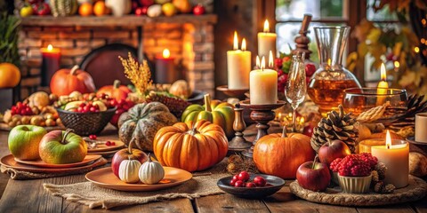 Warm Thanksgiving Dinner Scene with Harvest Decor, Cozy Atmosphere, Apples, Pumpkins, Pinecones, Candles for Celebrating Family and Friends, Autumn Vibes, Festive Table Setting