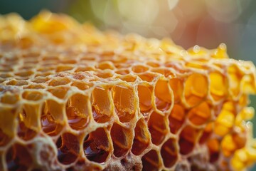 Honey and agricultural products featuring a honeycomb on a neutral backdrop, highlighting sustainability and production with natural bee products for extraction processes