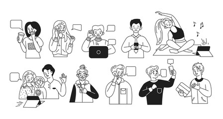People using gadgets linear vector icons set. Adult users of modern devices for work and life characters illustration collections on white