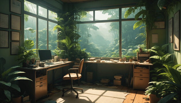 lofi calm desk interior with light messy vibes, atmospheric evening, and a forest jungle nature feel