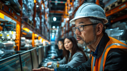 Fototapeta premium Warehouse manager overseeing operations on computer screens 