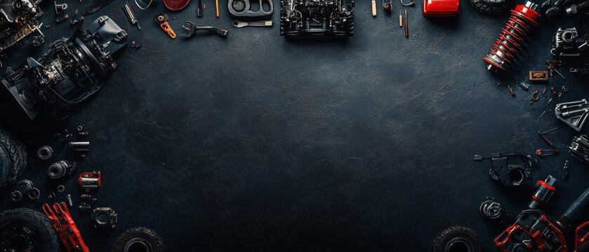 Mechanic's Workspace: Car Parts and Tools Overhead,Dark Industrial Background with Auto Parts and Maintenance Essentials