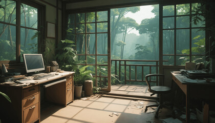 lofi calm desk interior with light messy vibes, atmospheric evening, and a forest jungle nature feel