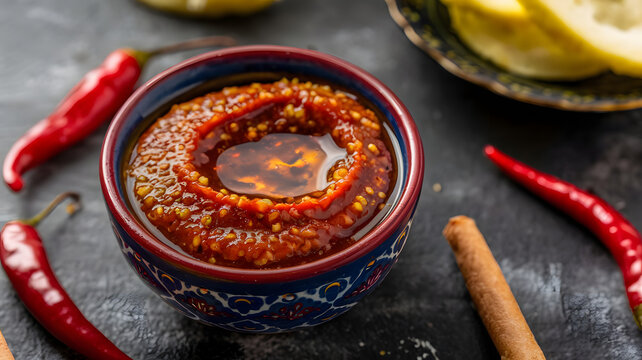 Marissa: Traditional condiment of ground chili peppers, garlic, and spices. Deep red and spicy, served in a small bowl with olive oil drizzled on top for a rich, flavorful touch.






