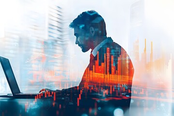 Businessman working on laptop with city skyline and financial data overlayed