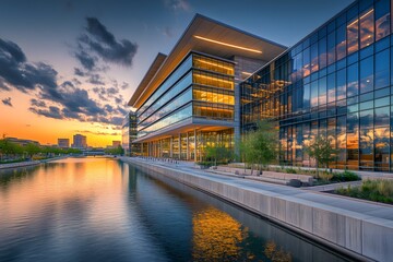 Obraz premium Modern Glass Building Reflected in Water at Sunset