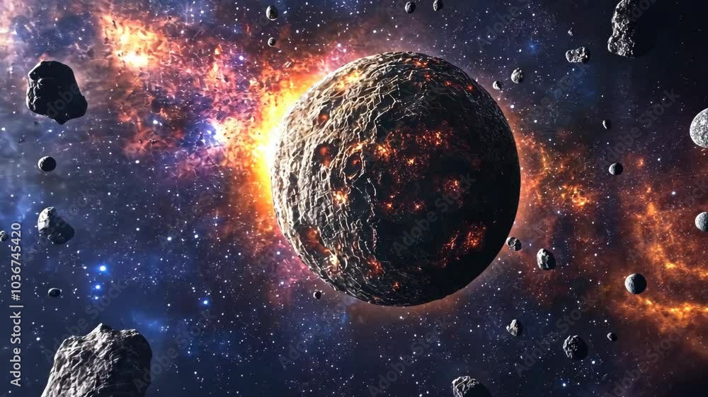 Wall mural a fiery planet is surrounded by asteroids and debris in space