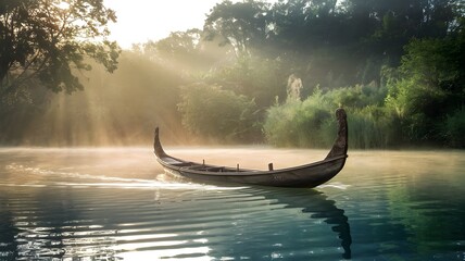 A photo of a rustic wooden canoe drifting down a peaceful river at dawn. The canoe is empty, and the water is calm.