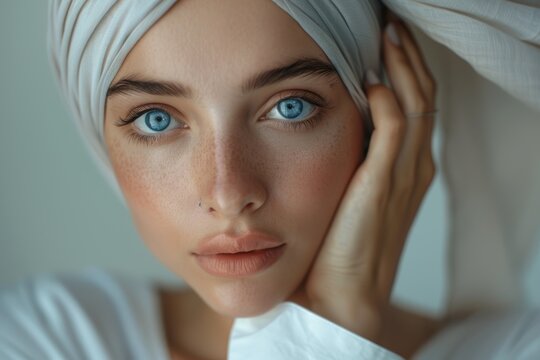 A woman in a blue hijab poses gracefully against a grey background, showcasing beauty and makeup in accordance with cultural style