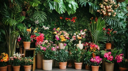 Potted Plants with Bright Green Leaves and Colorful Flowers wedding backdrop, floral decoration