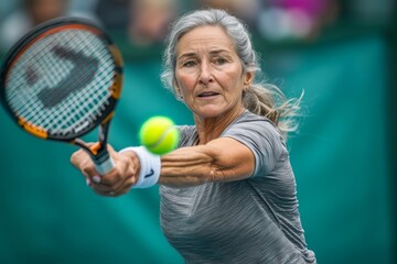Senior woman making a serve while playing tennis, Generative AI