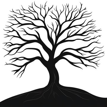 Black silhouette of a bare tree with roots on a white background.