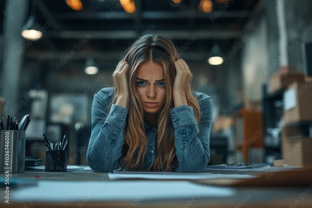 Wall mural young businesswoman having a burnout at work, generative ai