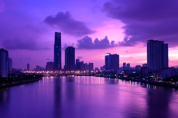 Naklejka premium Skyscrapers Reflecting in a Purple-Tinted River at Sunset