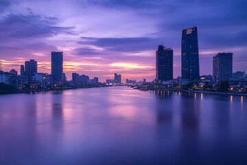 Fototapeta premium City Skyline with Purple Sky and Calm River at Sunset
