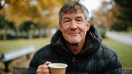 Middle-aged man with slight tremor holding cup of coffee on park bench, symbolizing struggle with Parkinson's disease, calm natural setting.