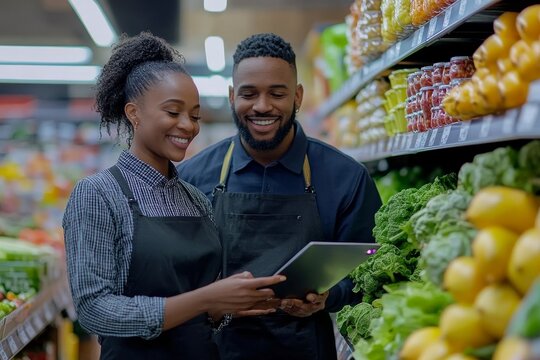Happy grocery store supervisor using a digital tablet with her employee, Generative AI