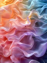 Obraz premium A vibrant swirl of colorful silky fabric, blending hues of orange, pink, lavender, and blue, creating a soft, fluid texture that evokes serenity and creativity.