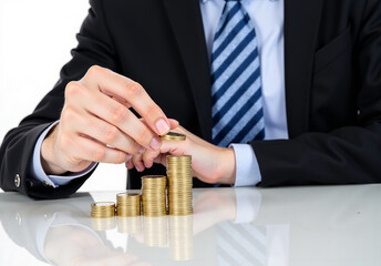 Businessperson Stacking Coins in Increasing Order on Reflective Table, Symbolizing Financial Growth, Investment, and Wealth Management in a Professional Corporate Setting