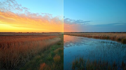 A split image of a sunrise and sunset over a field with a river running through it.