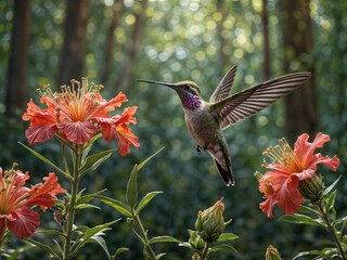 Fototapeta premium A bright hummingbird with outstretched wings hovers over a flower. Side view against the background of a blurred forest. 