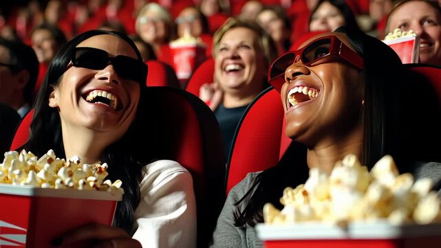 Two women enjoying comedy movie at cinema