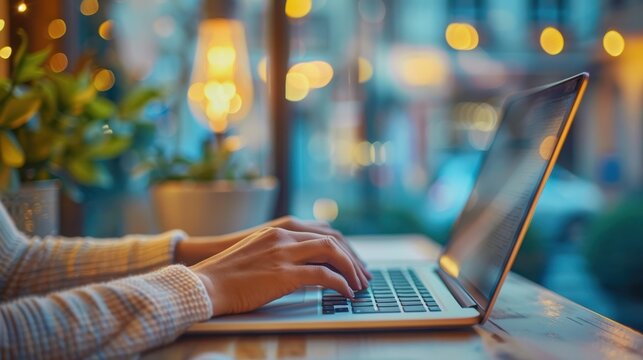 Woman typing on a laptop at night, reviewing financial portfolio feedback, analyzing stock market data, and engaging in online trading activities like cryptocurrency and NFTs