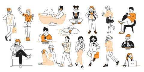 Young adults using smartphones in various situations color line vector icons set. Youth and mobile technology characters illustrations