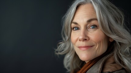 Fototapeta premium Stylish portrait of an appealing mature woman against a simple background. Focus on fashion and editorial style