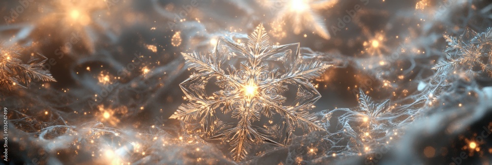 Poster delicate snowflake-like structures glow softly, creating a whimsical display with shimmering light i