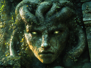 Fototapeta premium Ancient stone Medusa face with glowing eyes 