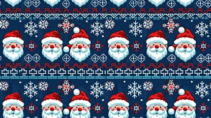 Festive Christmas sweater pattern with Santa Claus and snowflakes
