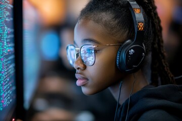 Young black student learning to code in a computer-based learning school, Generative AI
