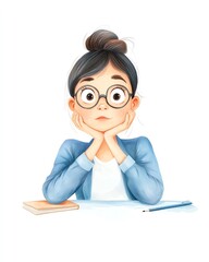 Thoughtful girl with glasses, white isolate background