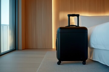 stylish suitcase in cozy hotel bedroom