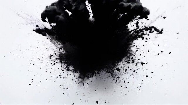 Violent explosion of black powder captured mid-air, with particles dispersing in all directions, creating a striking contrast against a white background.