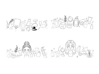 skin care bottles and tools seamless border set.  Isolated vector illustration for your design
